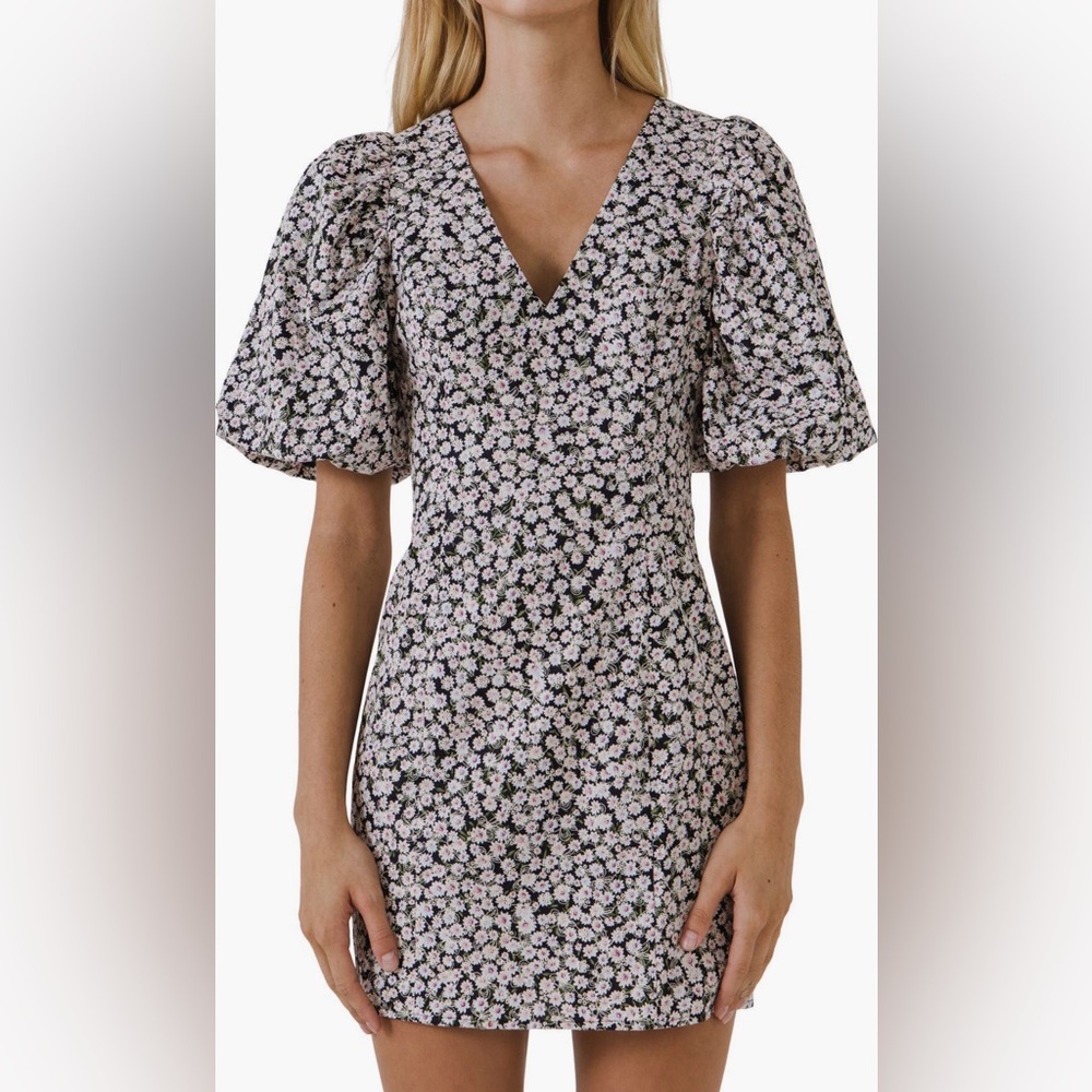 Free the Roses Embroidered Floral Print Puff Sleeve Minidress